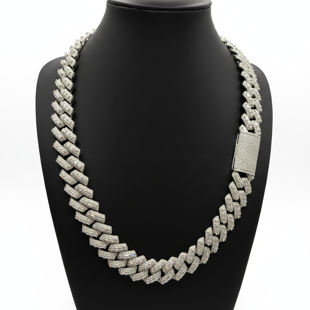 16MM Baguette Moissanite Cuban Link Chain – VVS D-Color, Iced Out, 925 Sterling Silver