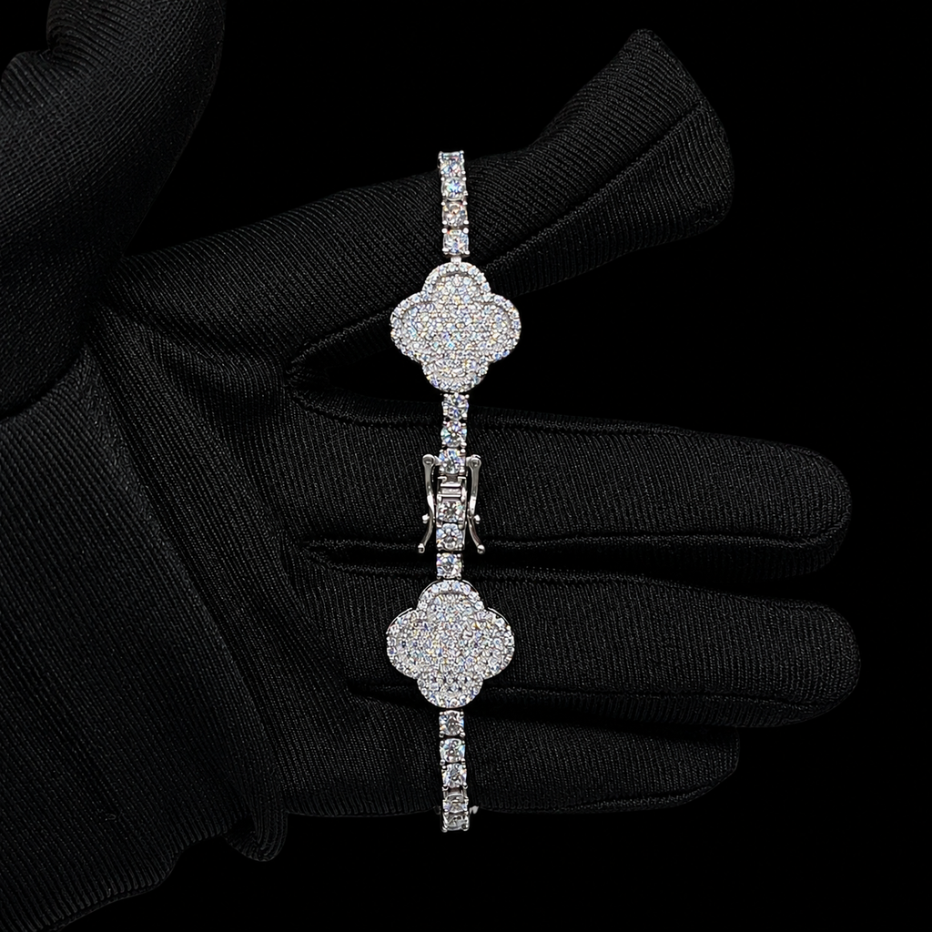 Four Leaf Flower Moissanite Tennis Bracelet – 925 Sterling Silver