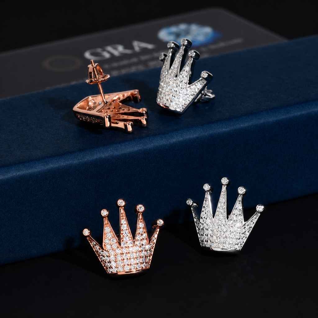 Crown Shape Moissanite Screw Back Stud Earrings – 925 Sterling Silver