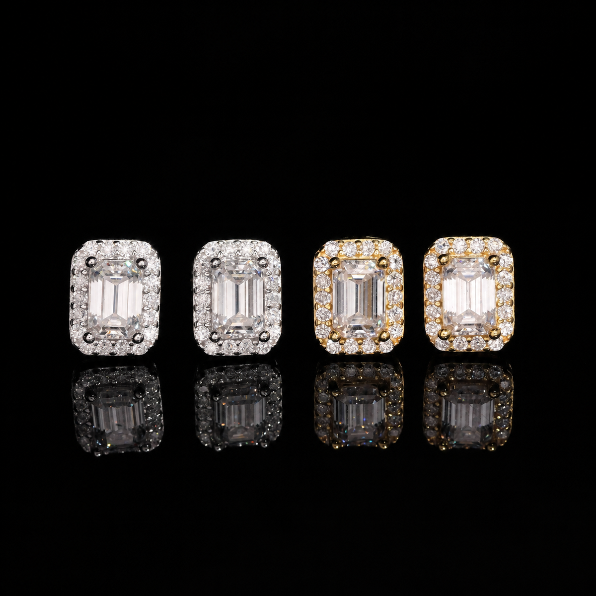 Emerald Cut Halo Moissanite Screw Back Stud Earrings – 925 Sterling Silver