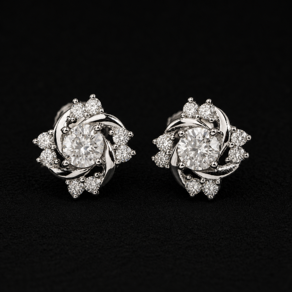Flower Swirl Moissanite Screw Back Stud Earrings – 925 Sterling Silver