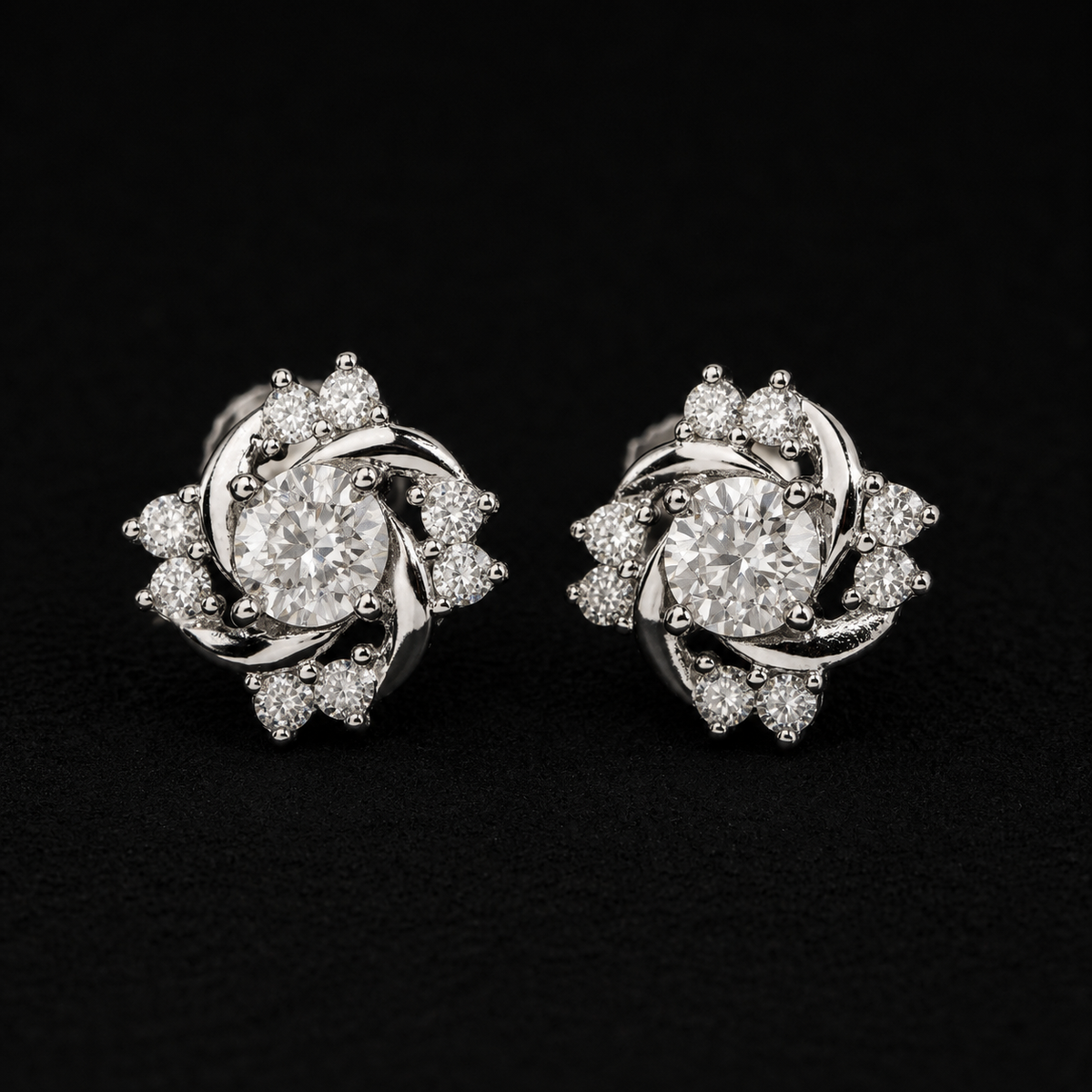 Flower Swirl Moissanite Screw Back Stud Earrings – 925 Sterling Silver
