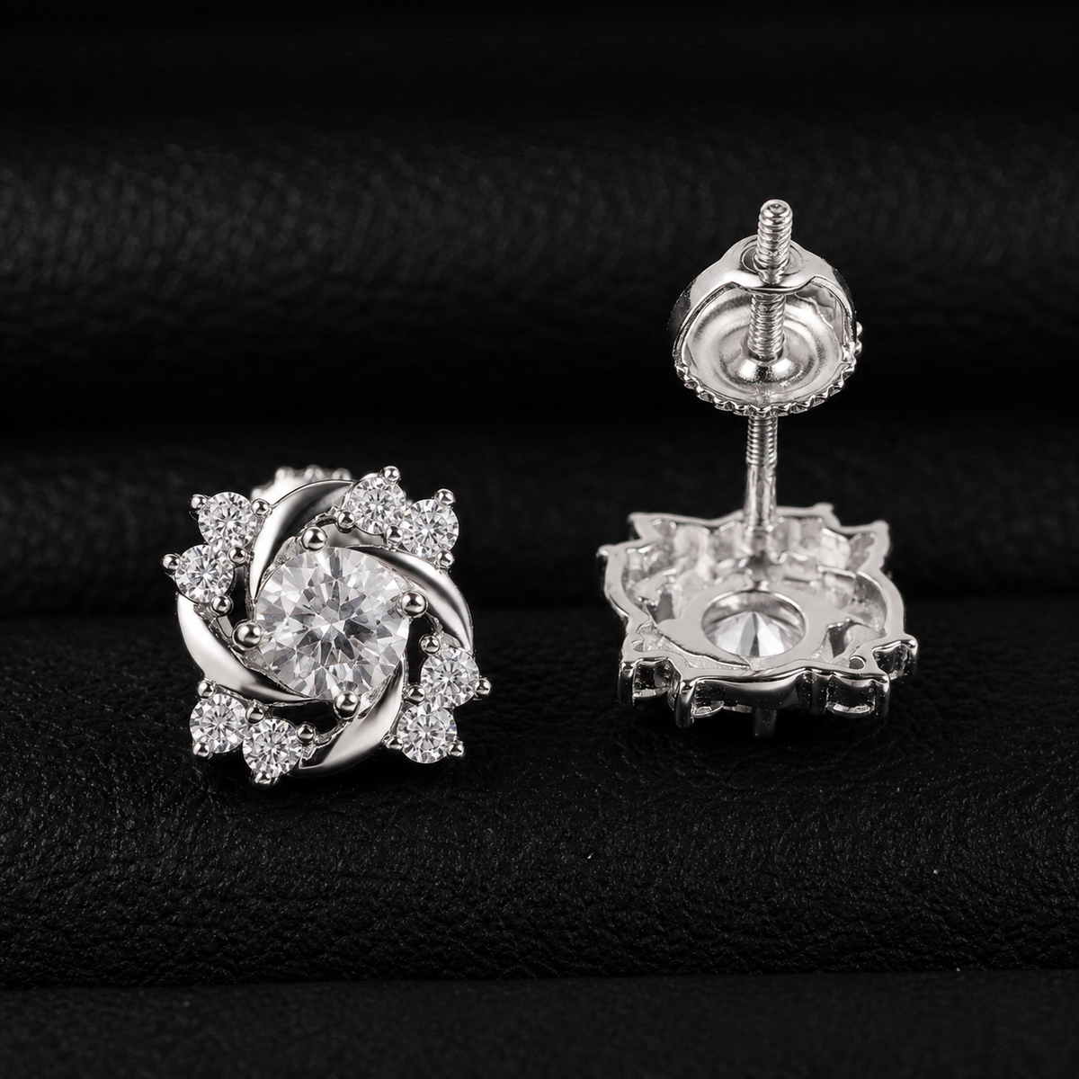 Flower Swirl Moissanite Screw Back Stud Earrings – 925 Sterling Silver