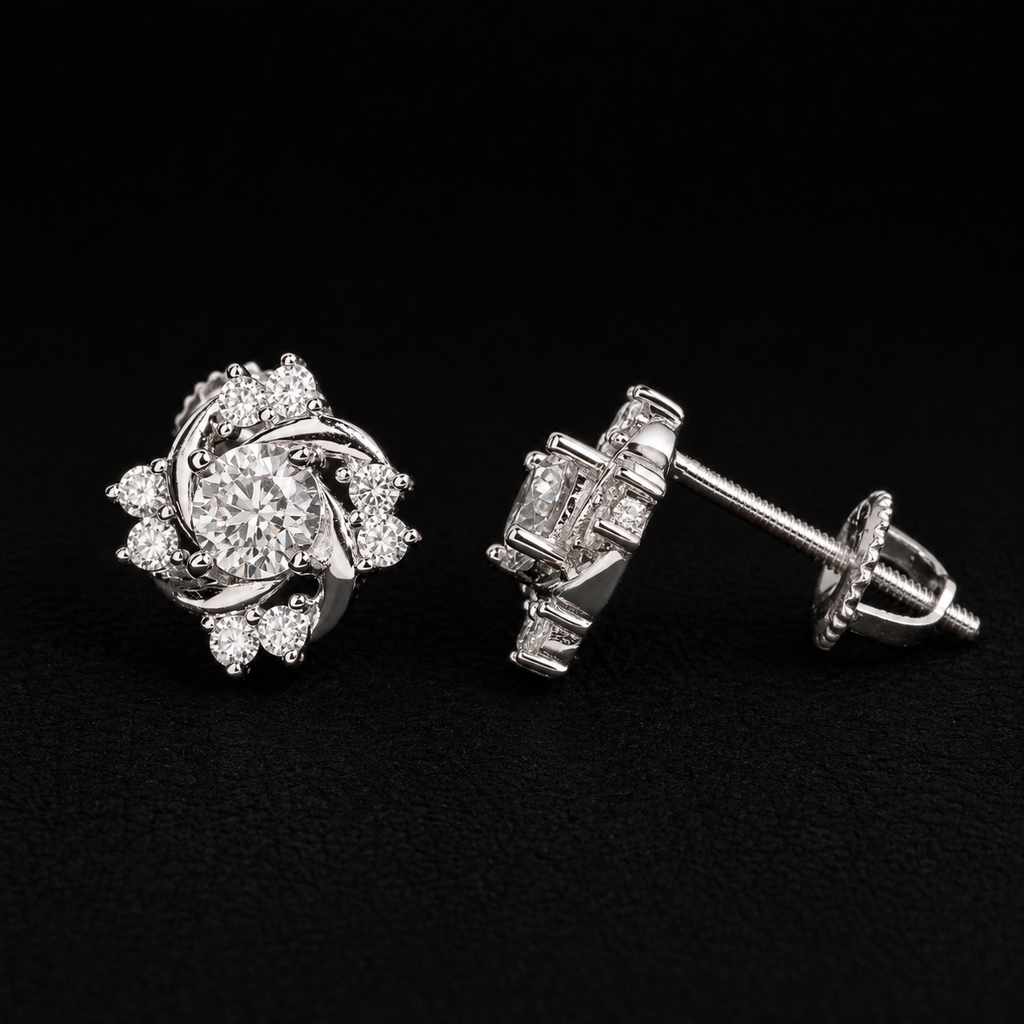 Flower Swirl Moissanite Screw Back Stud Earrings – 925 Sterling Silver