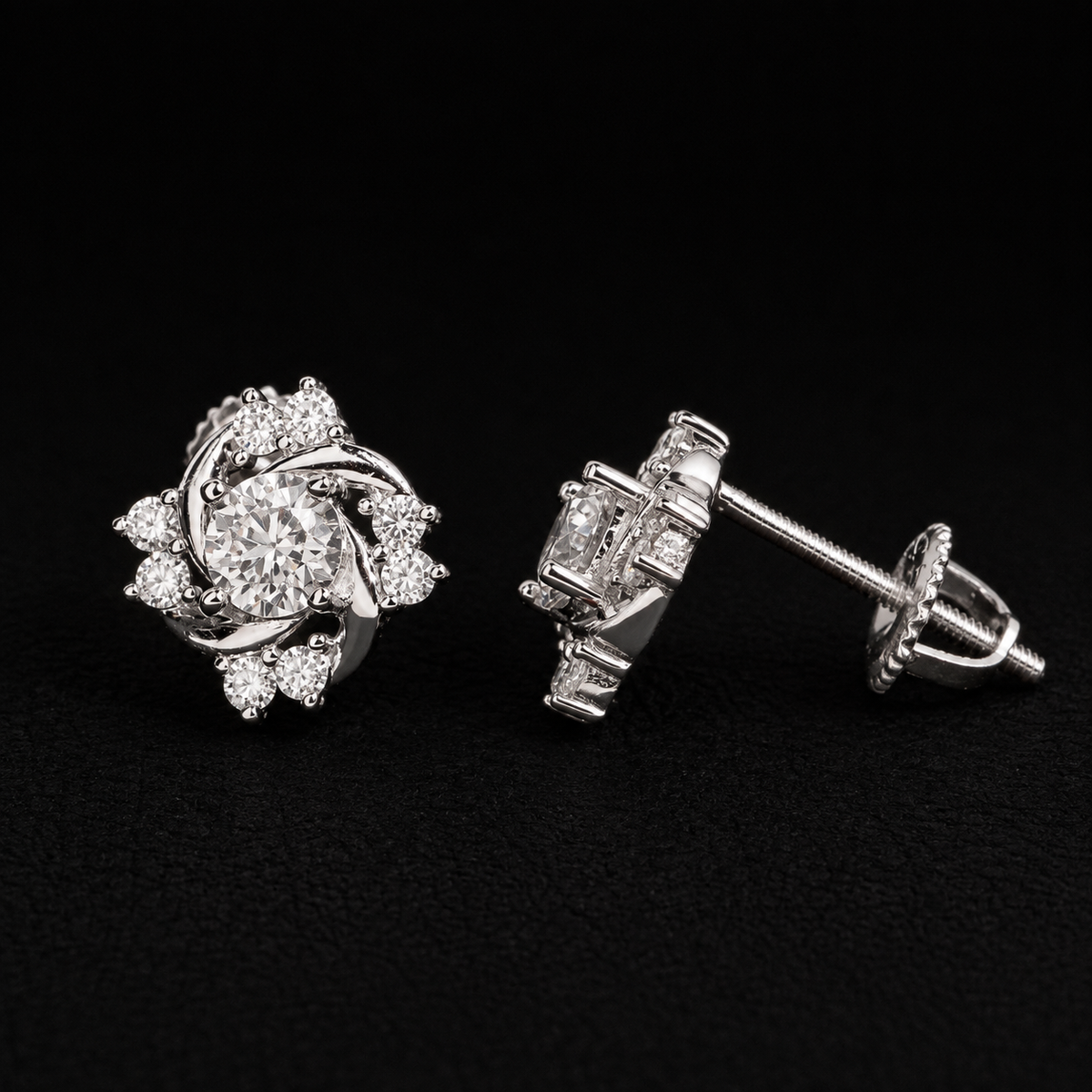 Flower Swirl Moissanite Screw Back Stud Earrings – 925 Sterling Silver