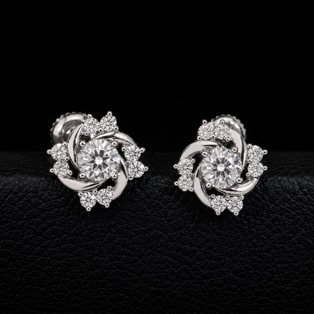 Flower Swirl Moissanite Screw Back Stud Earrings – 925 Sterling Silver