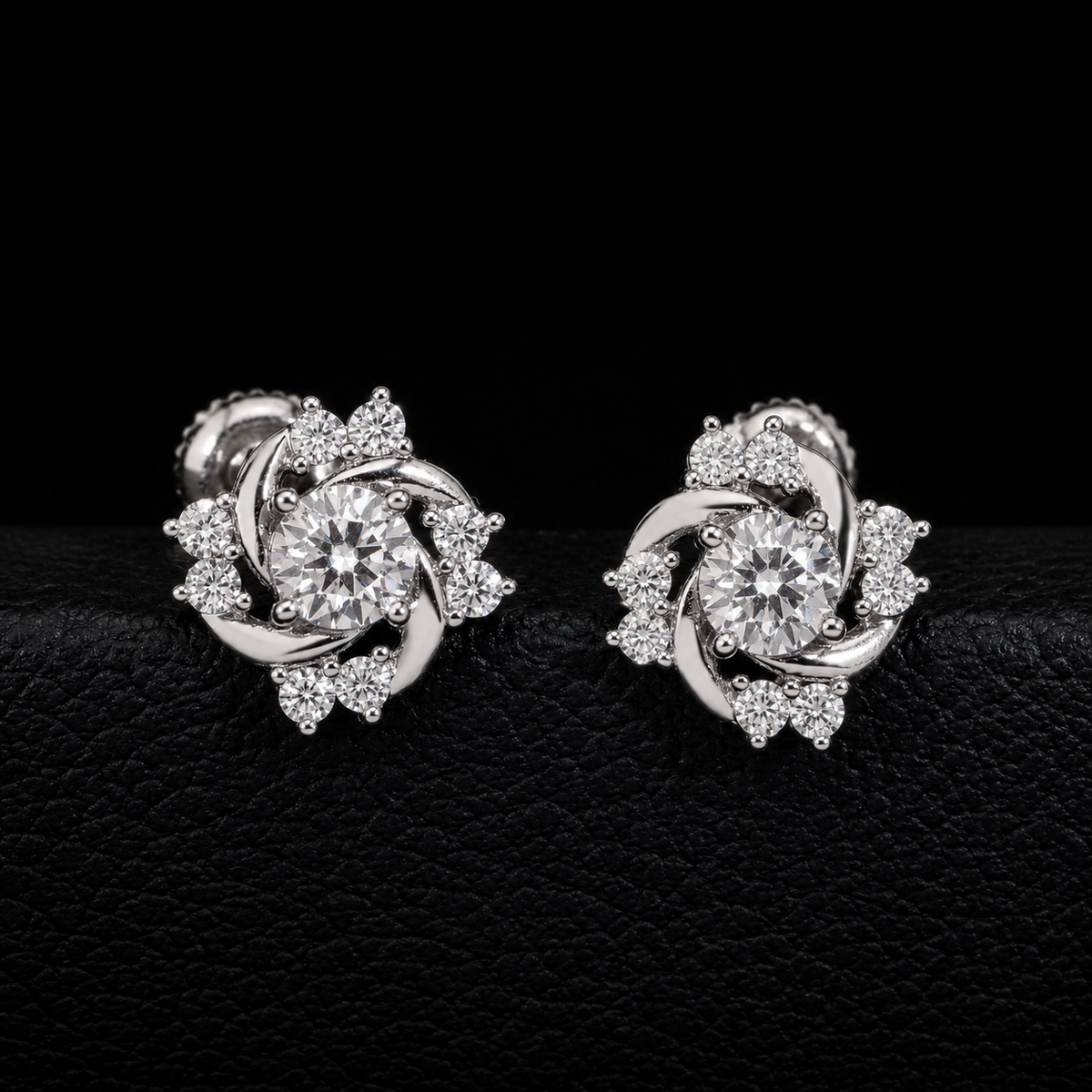 Flower Swirl Moissanite Screw Back Stud Earrings – 925 Sterling Silver