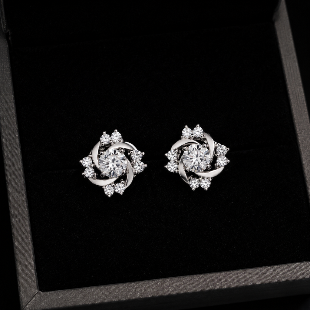 Flower Swirl Moissanite Screw Back Stud Earrings – 925 Sterling Silver