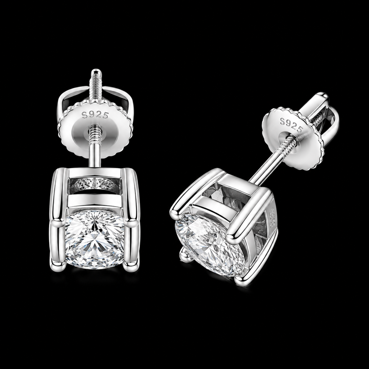 Round Cut Moissanite Screw Back Stud Earrings – 925 Sterling Silver