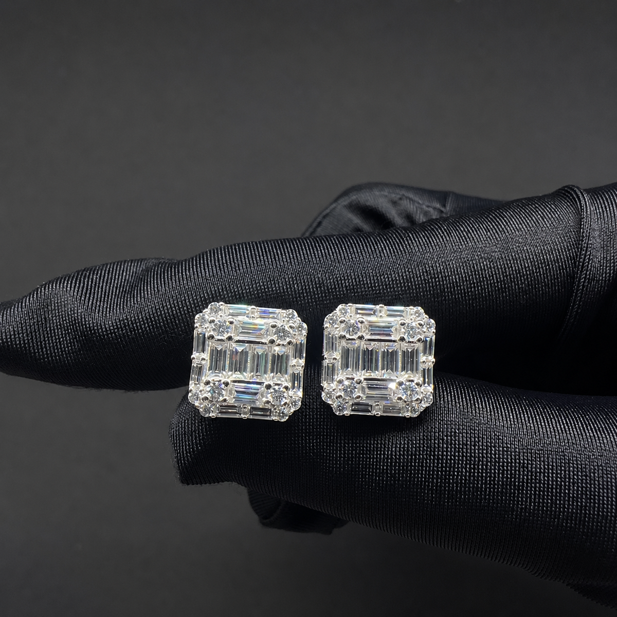 Baguette Cluster Moissanite Screw Back Stud Earrings – 925 Sterling Silver