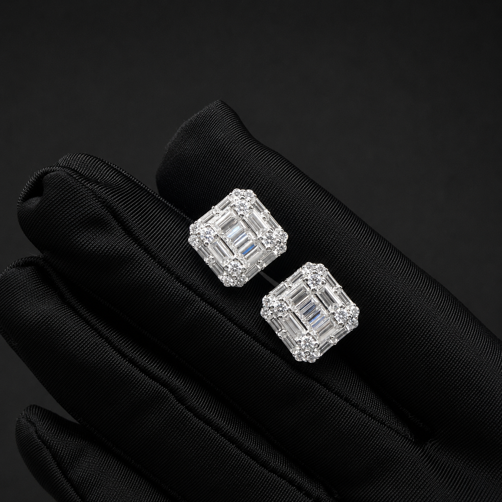 Baguette Cluster Moissanite Screw Back Stud Earrings – 925 Sterling Silver