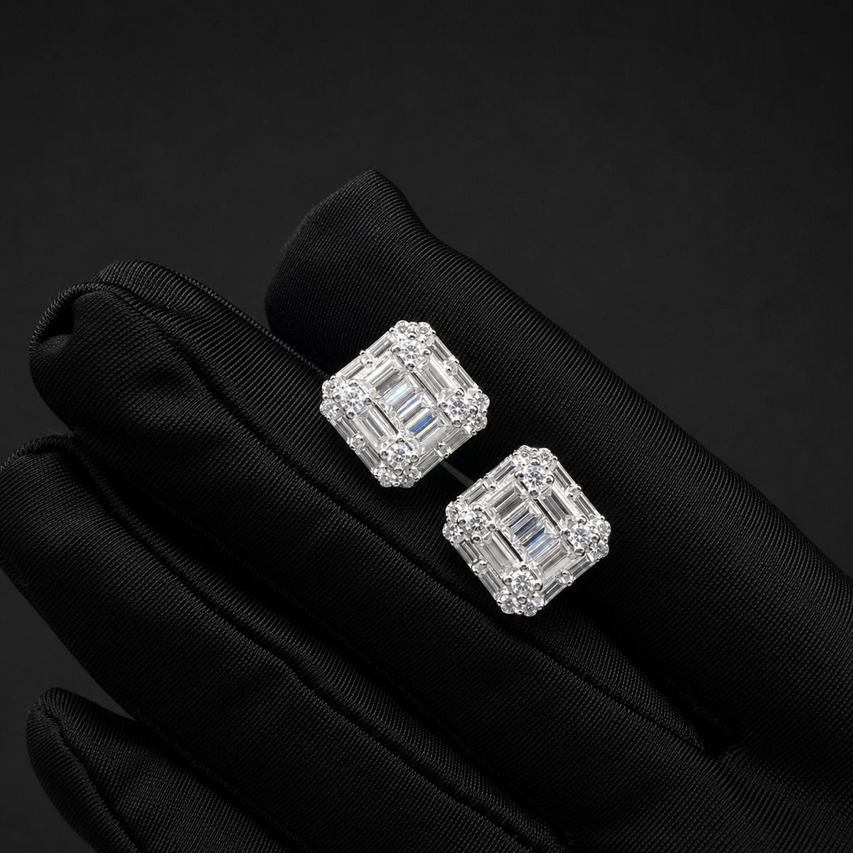 Baguette Cluster Moissanite Screw Back Stud Earrings – 925 Sterling Silver