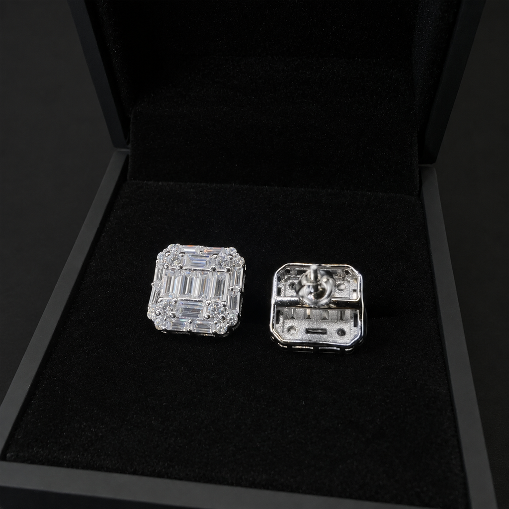 Baguette Cluster Moissanite Screw Back Stud Earrings – 925 Sterling Silver