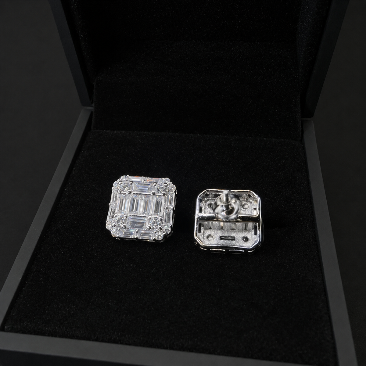 Baguette Cluster Moissanite Screw Back Stud Earrings – 925 Sterling Silver