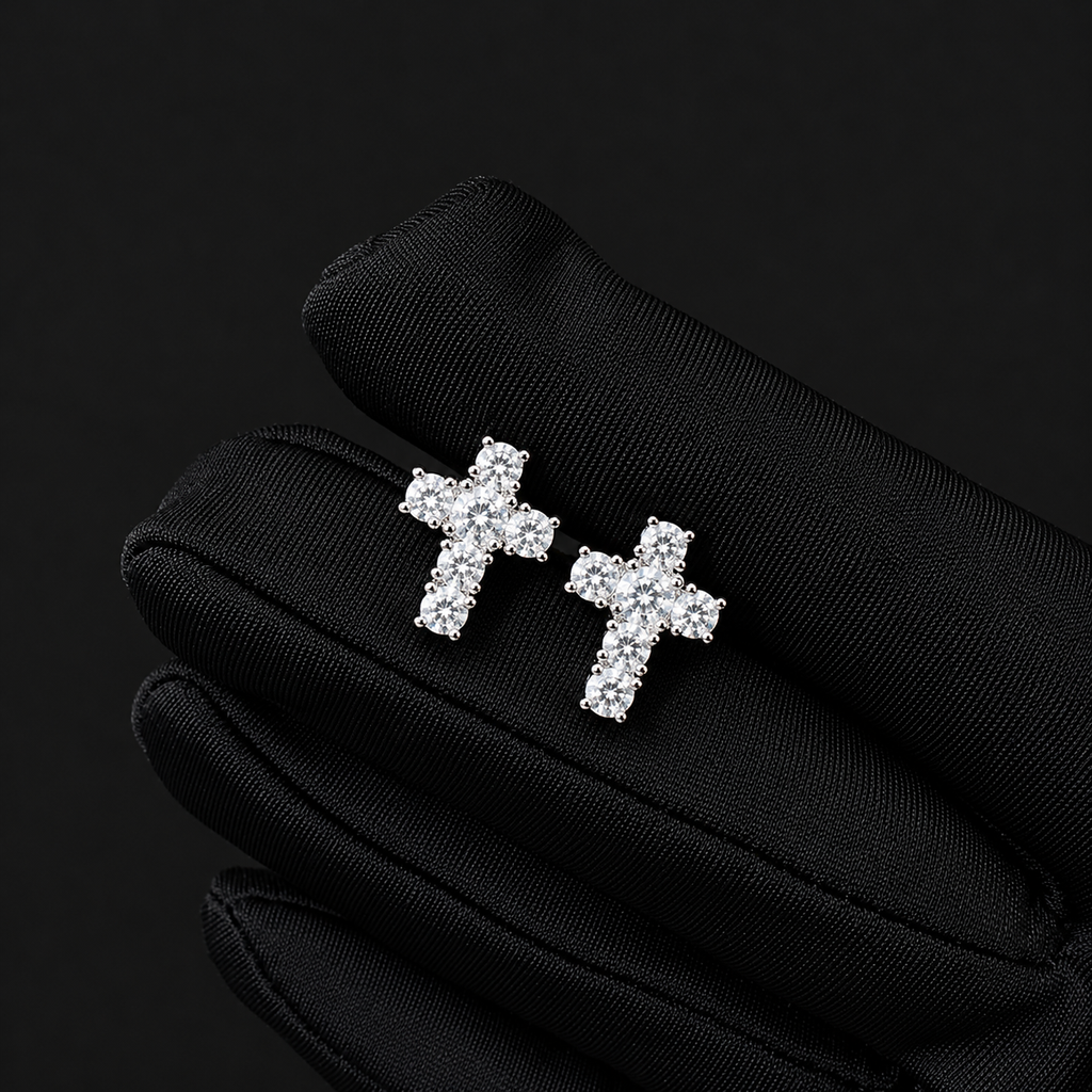 Cross Moissanite Screw Back Stud Earrings – 925 Sterling Silver