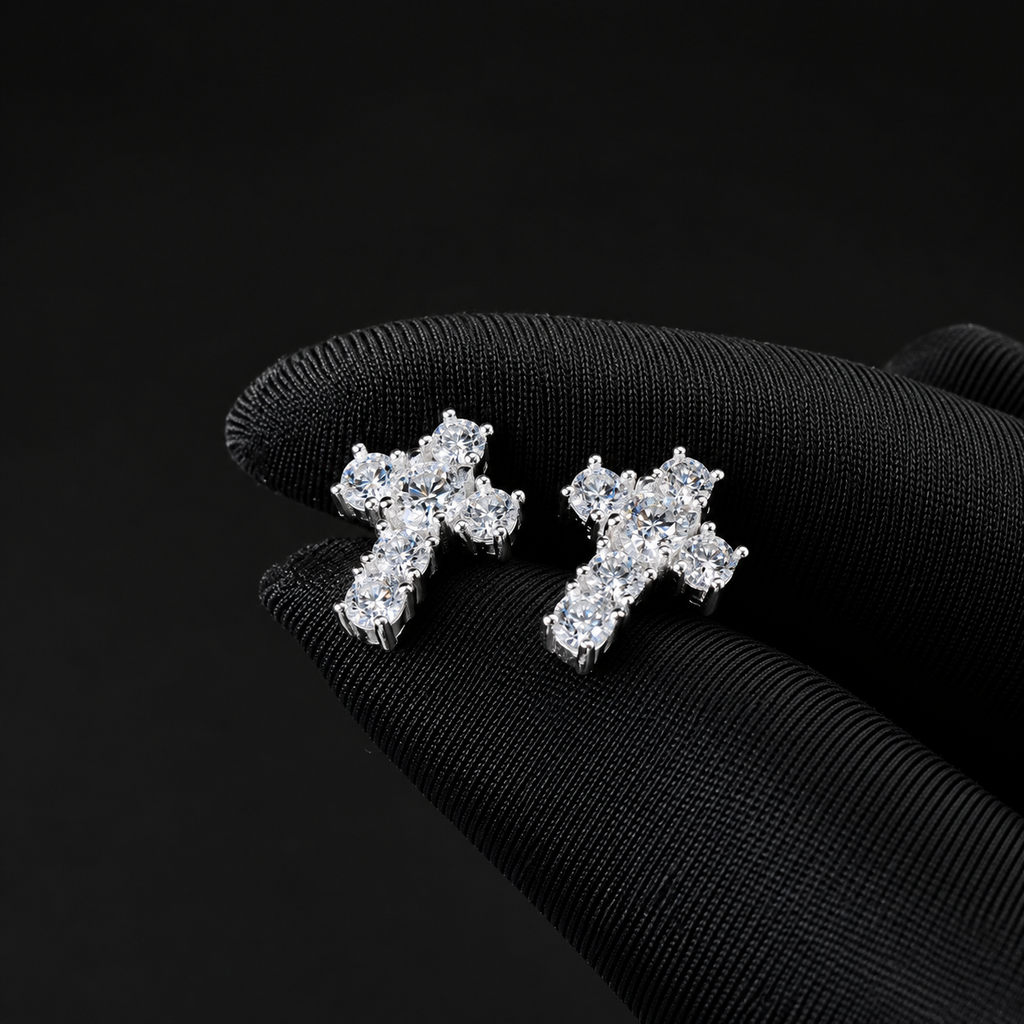 Cross Moissanite Screw Back Stud Earrings – 925 Sterling Silver