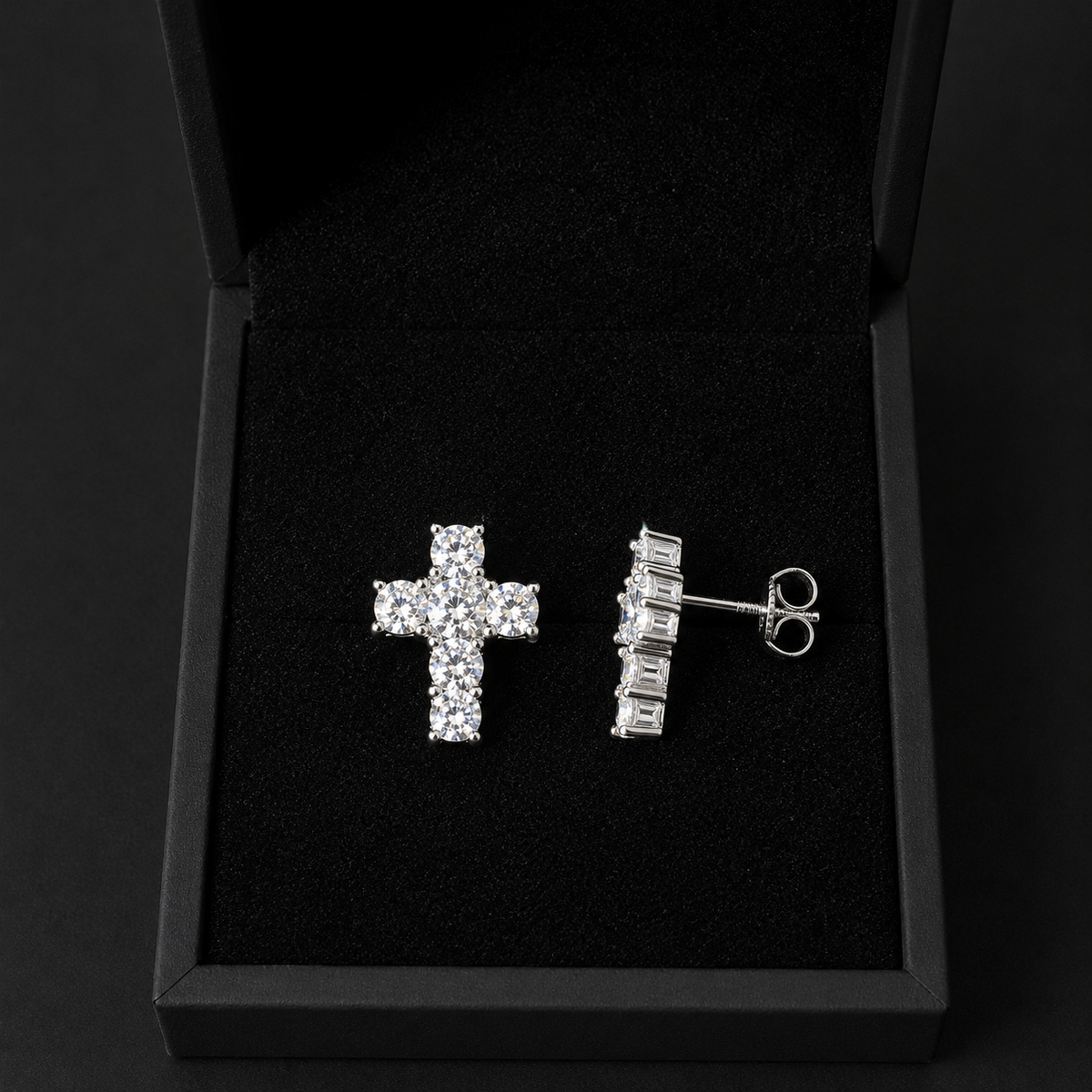 Cross Moissanite Screw Back Stud Earrings – 925 Sterling Silver