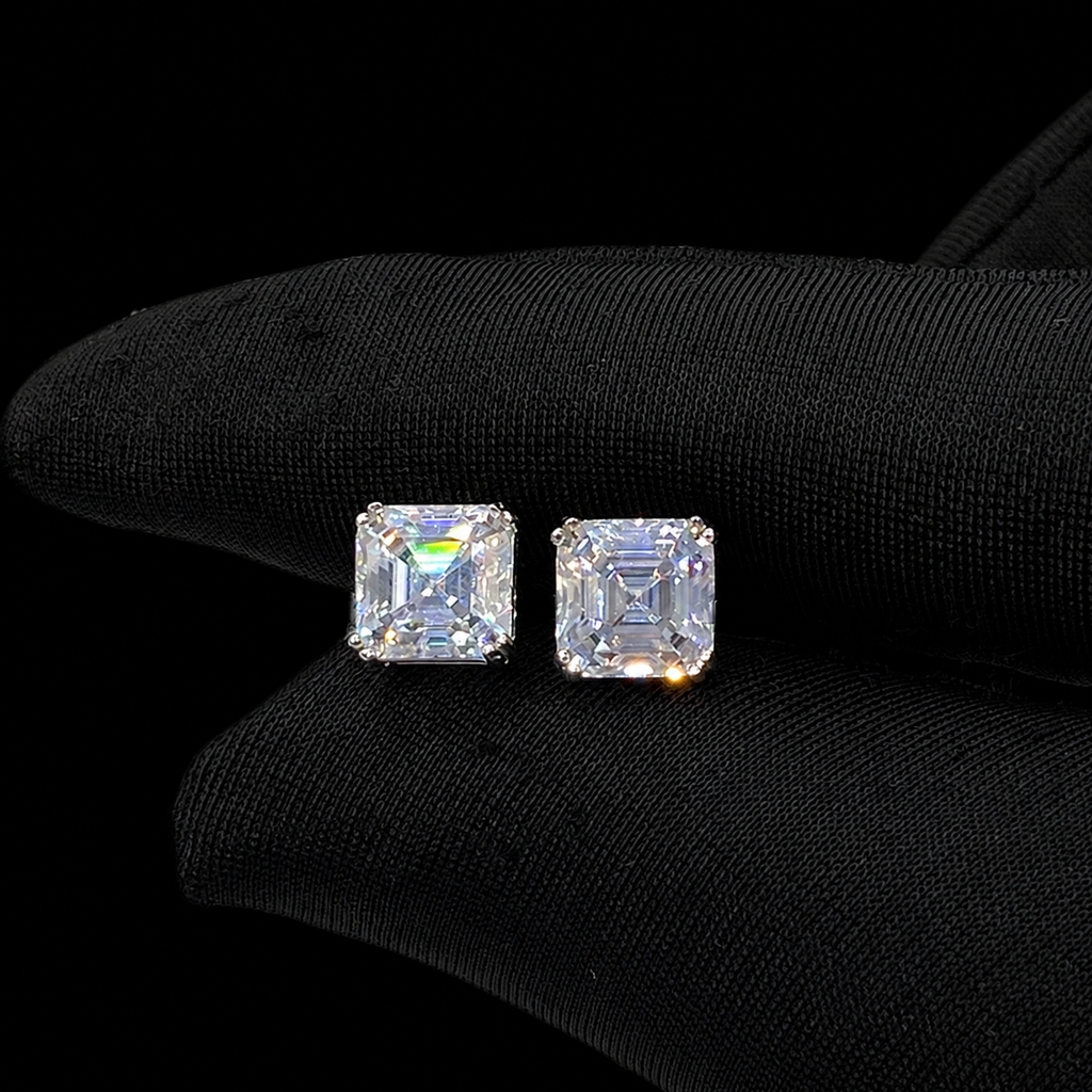 Asscher Cut Moissanite Screw Back Stud Earrings – 925 Sterling Silver
