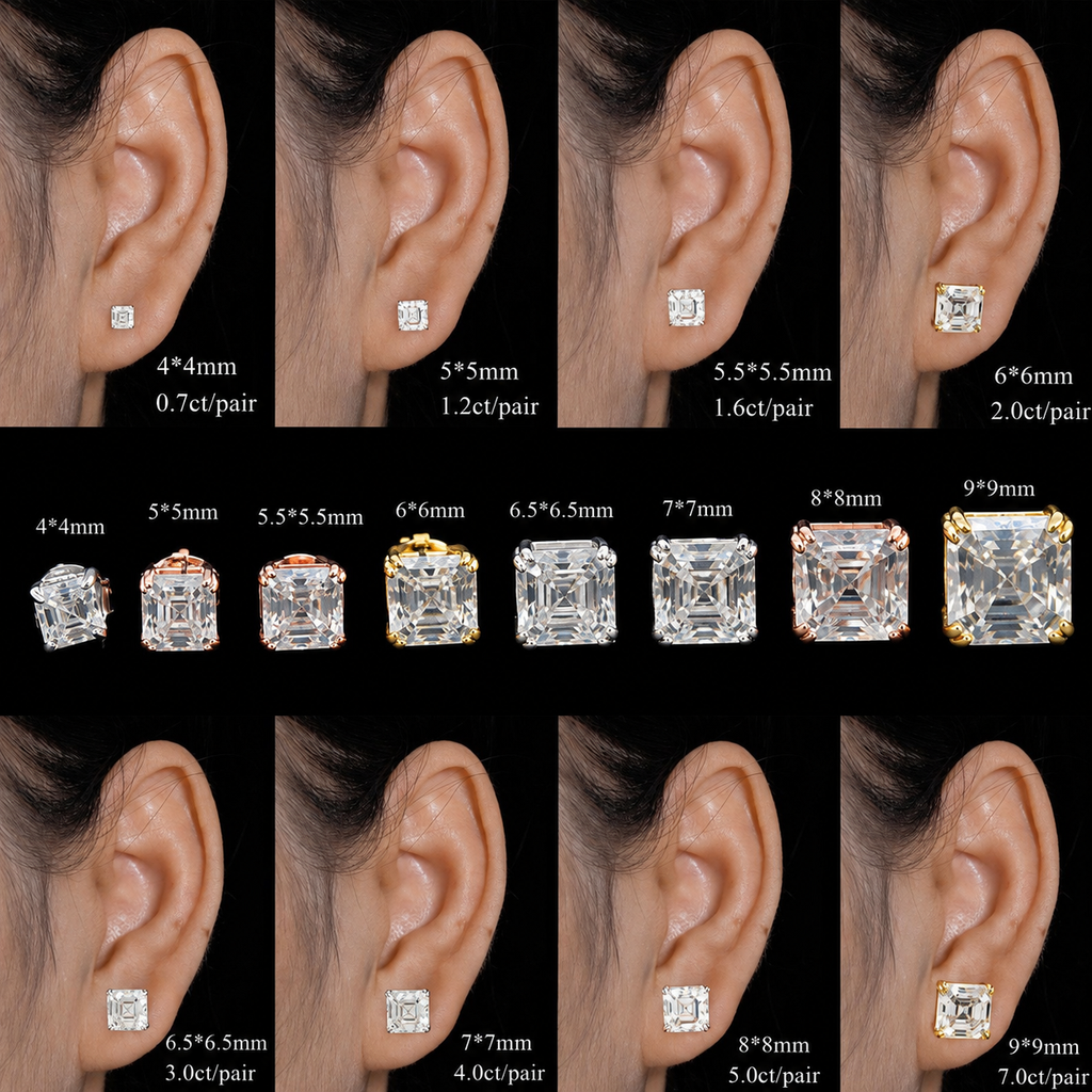 Asscher Cut Moissanite Screw Back Stud Earrings – 925 Sterling Silver