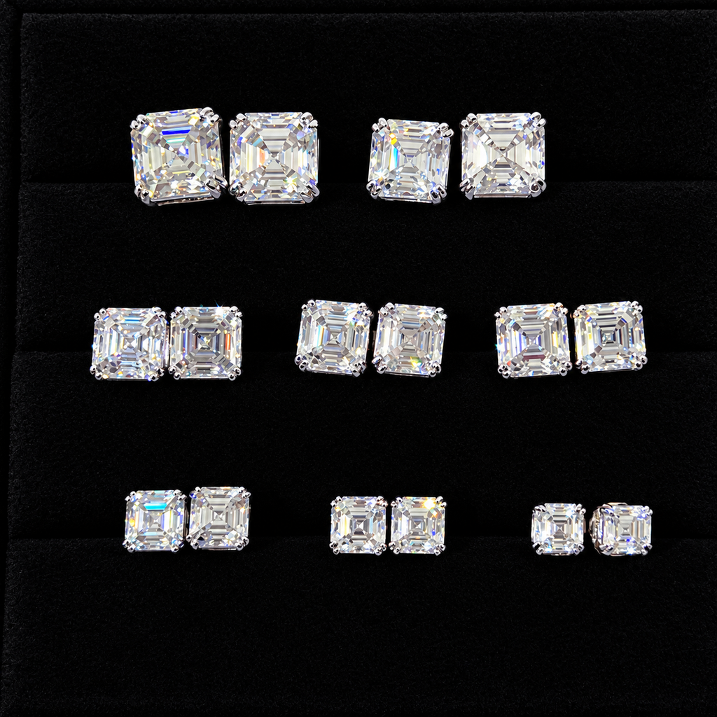 Asscher Cut Moissanite Screw Back Stud Earrings – 925 Sterling Silver