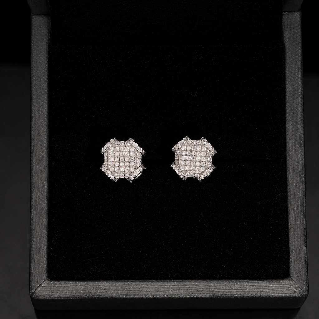 Octagon Shield Pavé Moissanite Screw Back Stud Earrings – 925 Sterling Silver