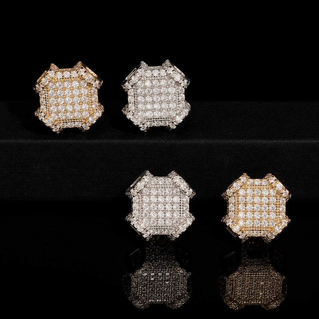 Octagon Shield Pavé Moissanite Screw Back Stud Earrings – 925 Sterling Silver