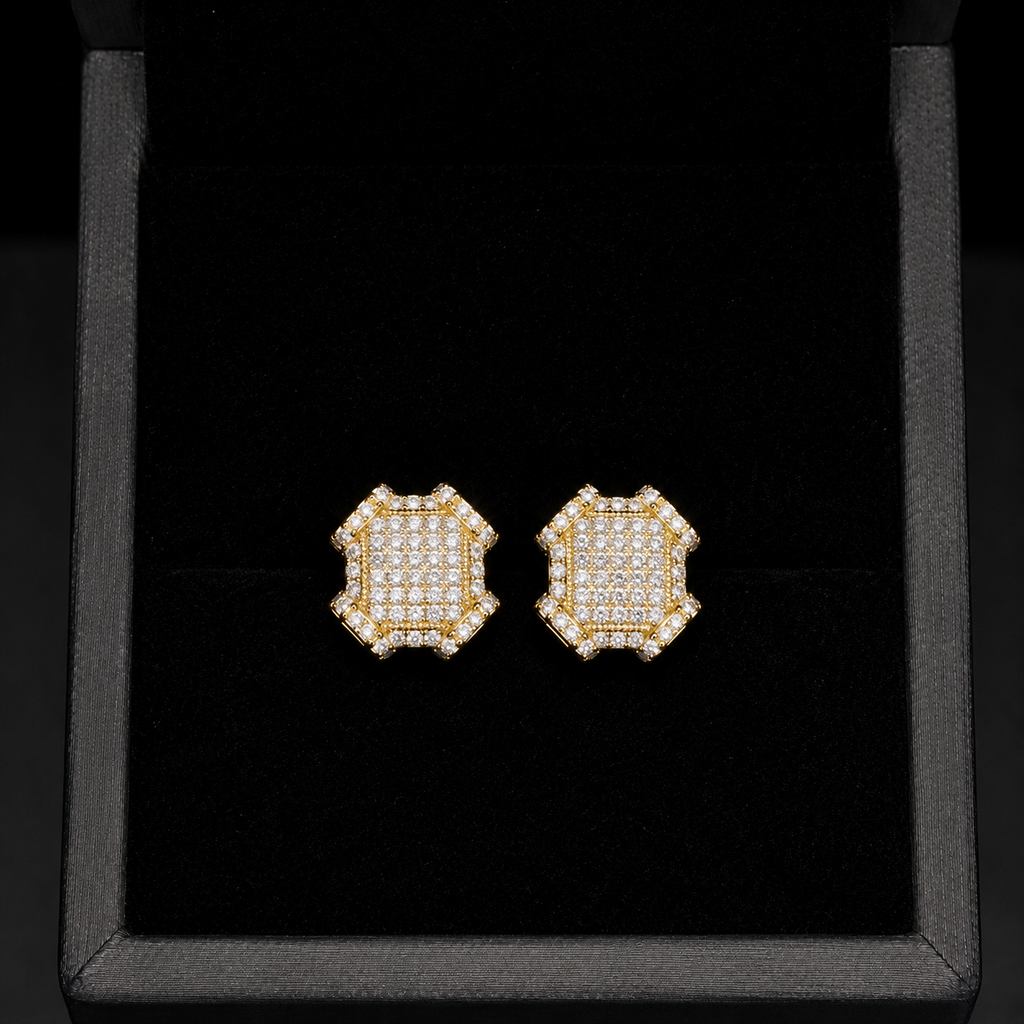 Octagon Shield Pavé Moissanite Screw Back Stud Earrings – 925 Sterling Silver