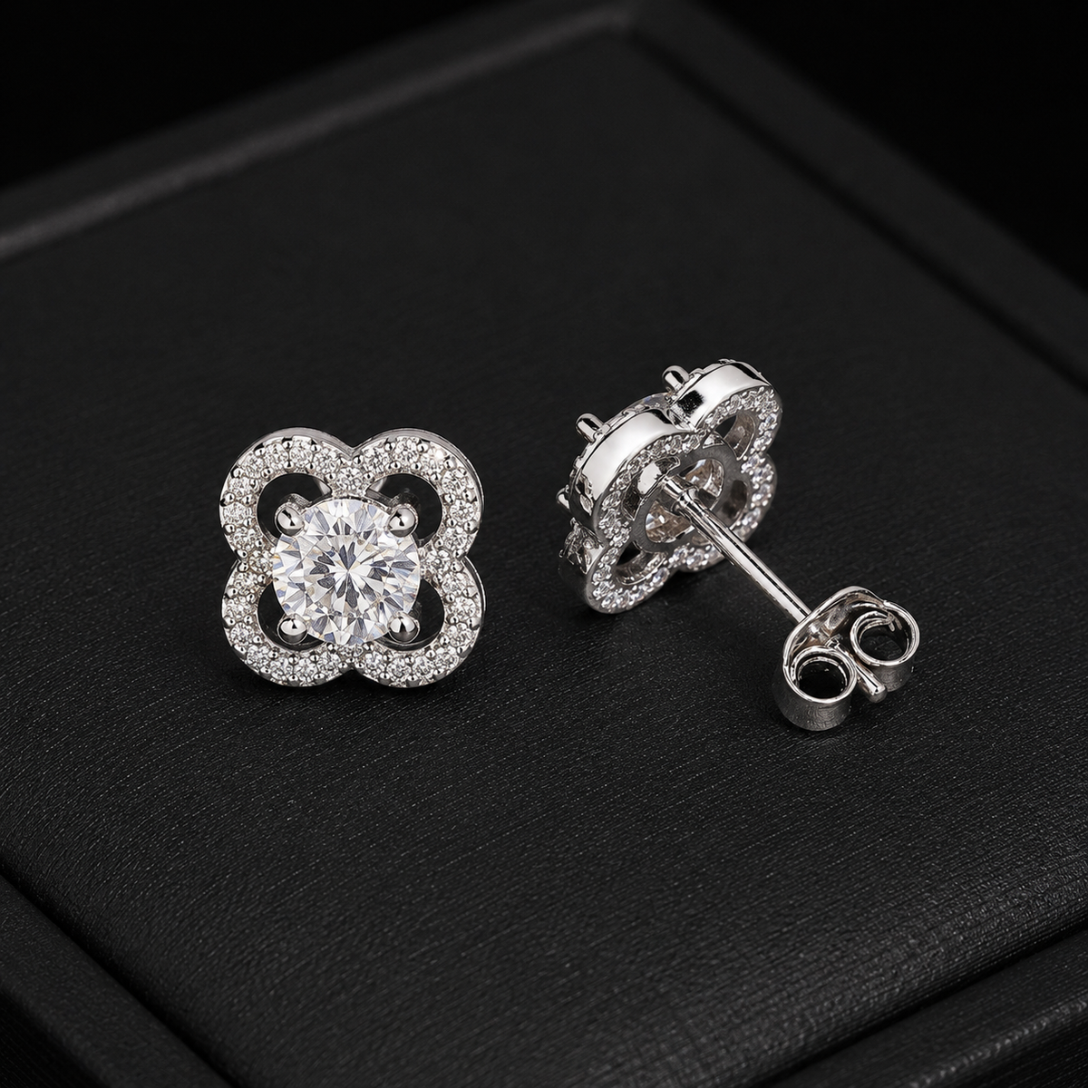 Flower Shape Moissanite Screw Back Stud Earrings – 925 Sterling Silver