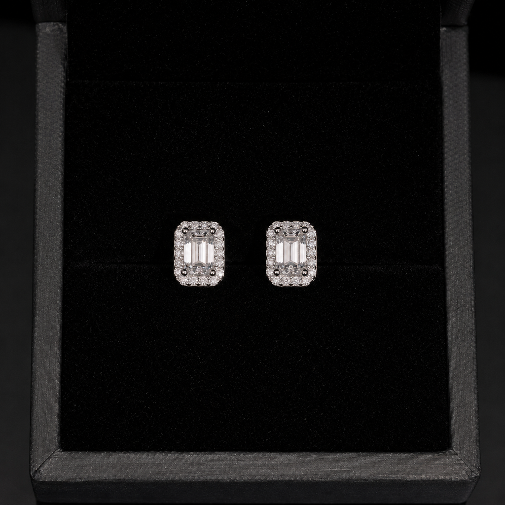 Emerald Cut Halo Moissanite Screw Back Stud Earrings – 925 Sterling Silver