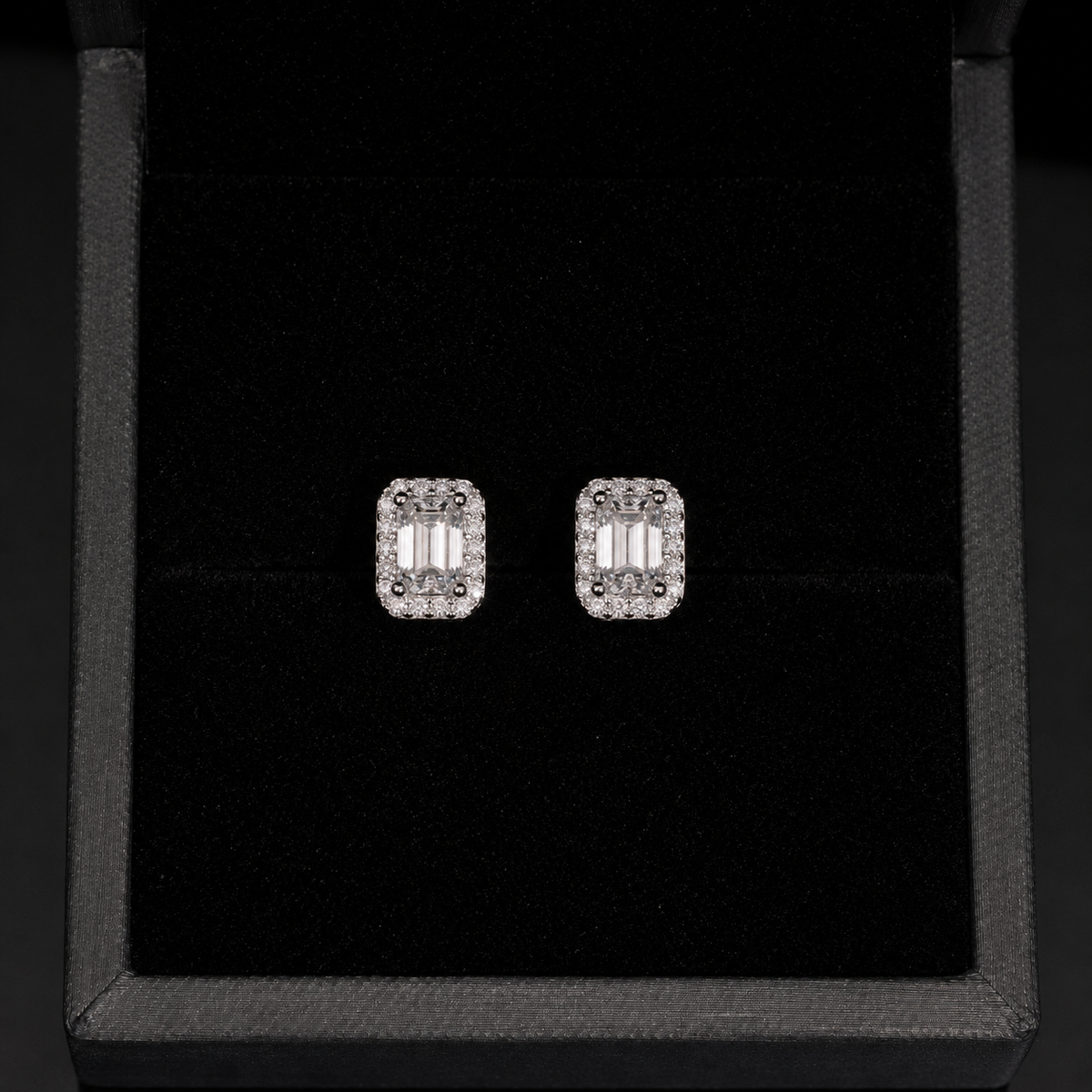 Emerald Cut Halo Moissanite Screw Back Stud Earrings – 925 Sterling Silver