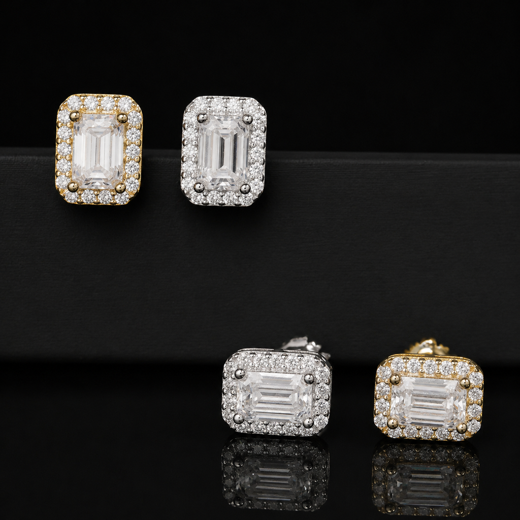 Emerald Cut Halo Moissanite Screw Back Stud Earrings – 925 Sterling Silver