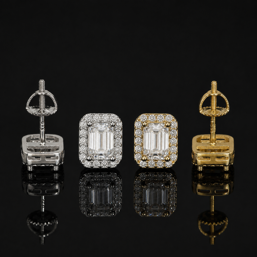 Emerald Cut Halo Moissanite Screw Back Stud Earrings – 925 Sterling Silver