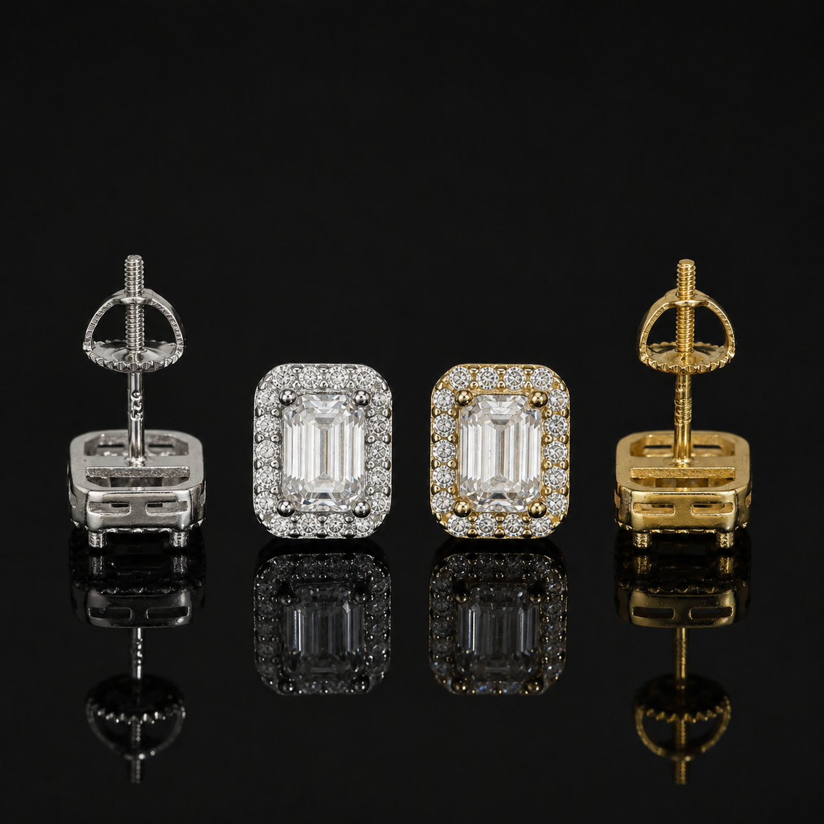 Emerald Cut Halo Moissanite Screw Back Stud Earrings – 925 Sterling Silver