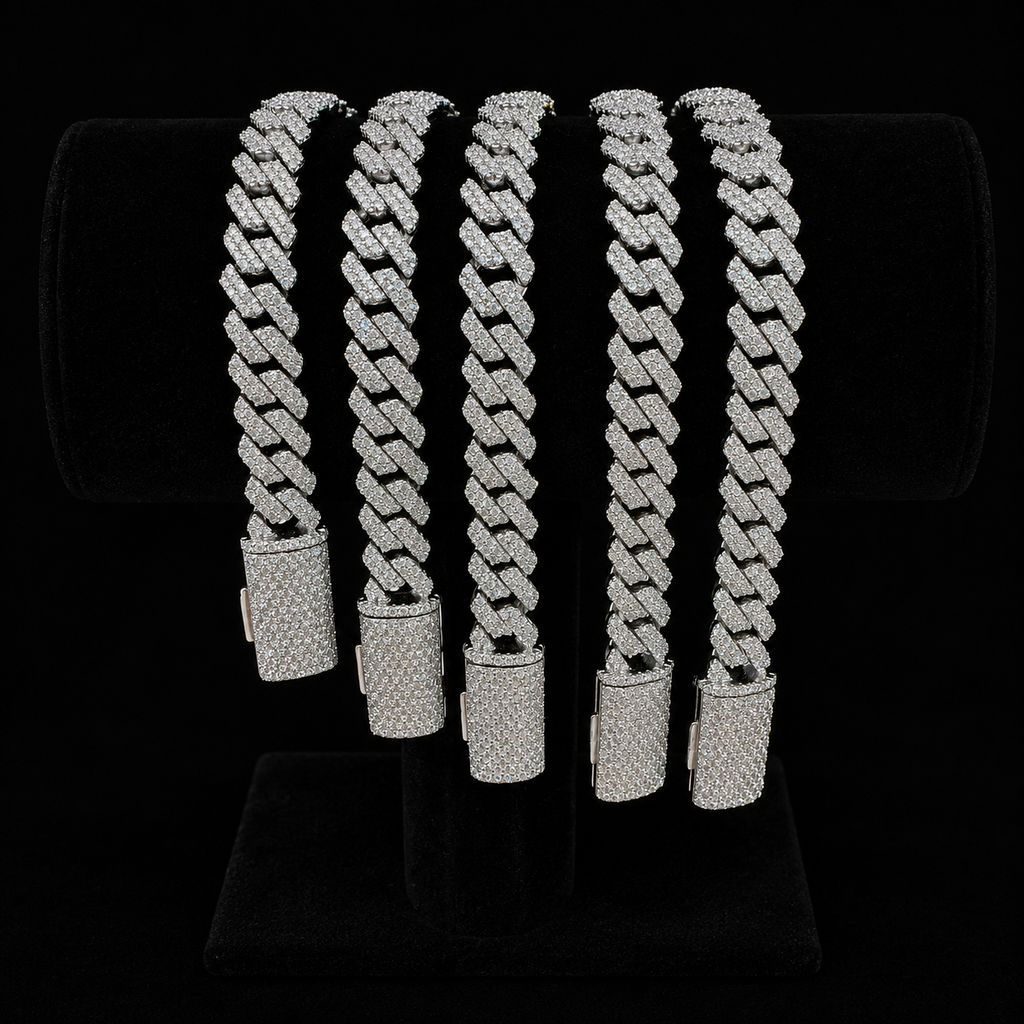 8MM Prong Cuban Link 2Row Moissanite S925 Sterling Silver Bracelet