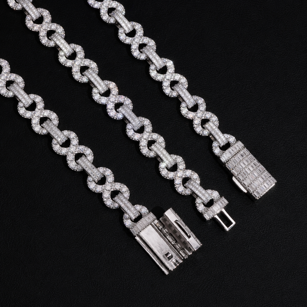 13MM Baguette Moissanite 8Shape Infinity Cuban Bracelet 925 Sterling Silver