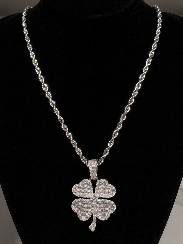 Clover Leaf Baguette Cut Moissanite Pendant 925 Sterling Silver