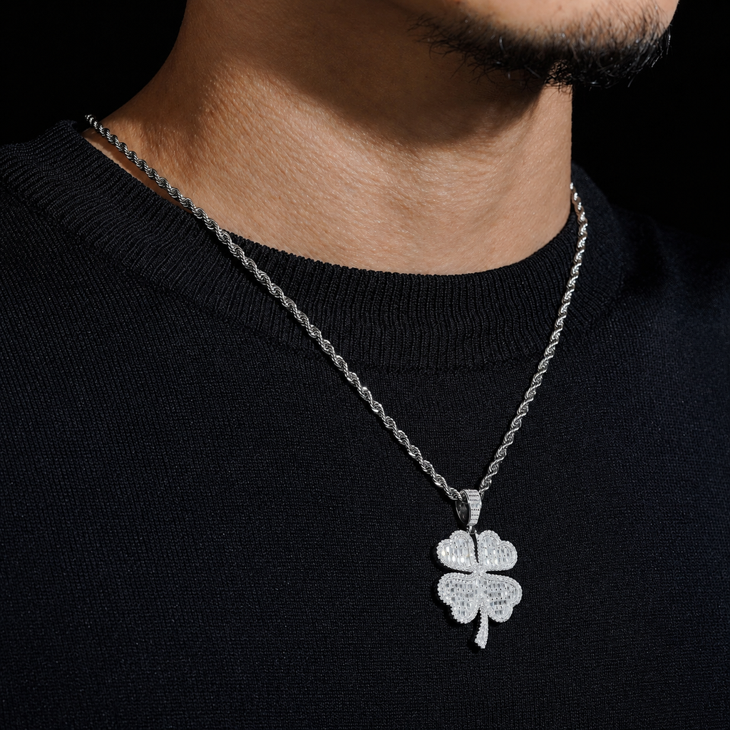 Clover Leaf Baguette Cut Moissanite Pendant 925 Sterling Silver