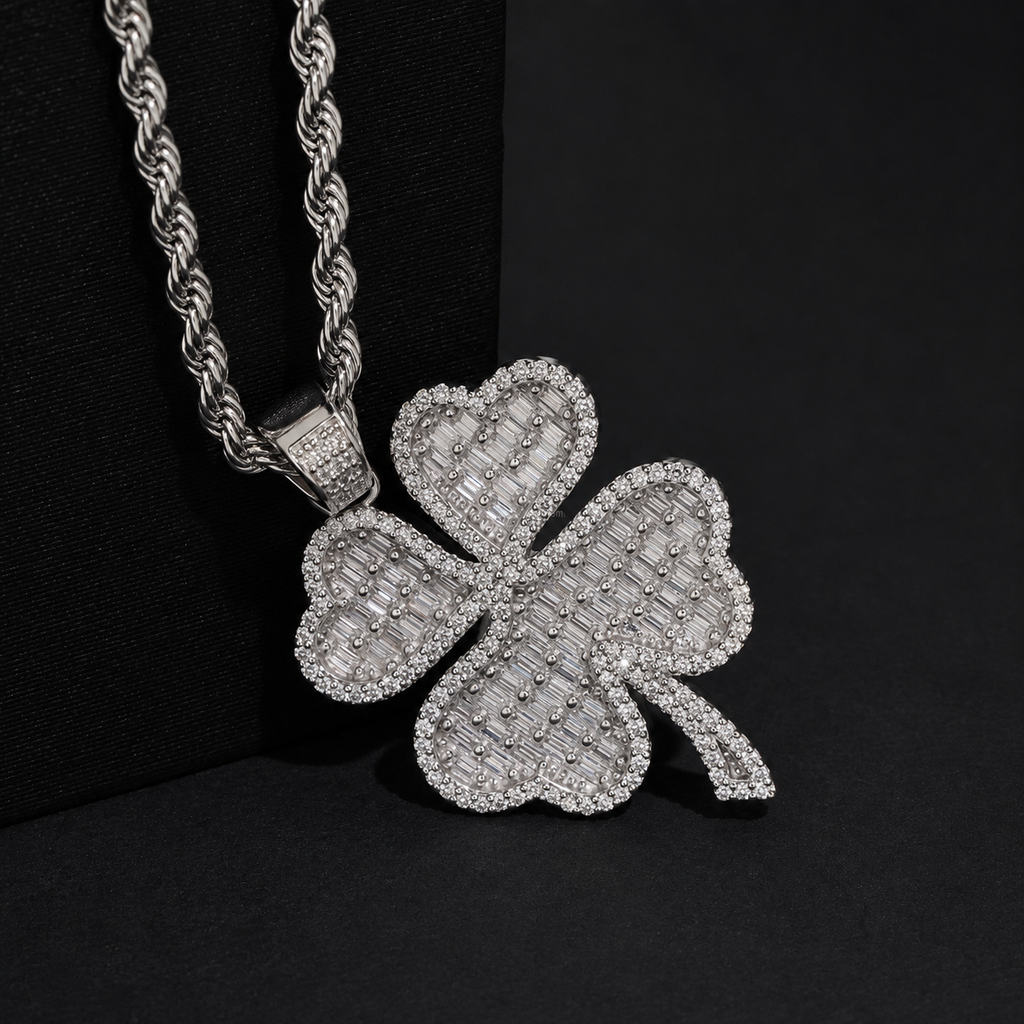Clover Leaf Baguette Cut Moissanite Pendant 925 Sterling Silver