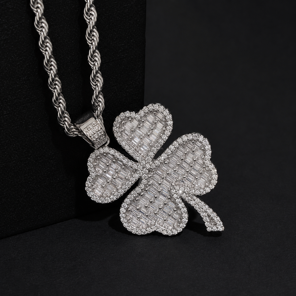Clover Leaf Baguette Cut Moissanite Pendant 925 Sterling Silver