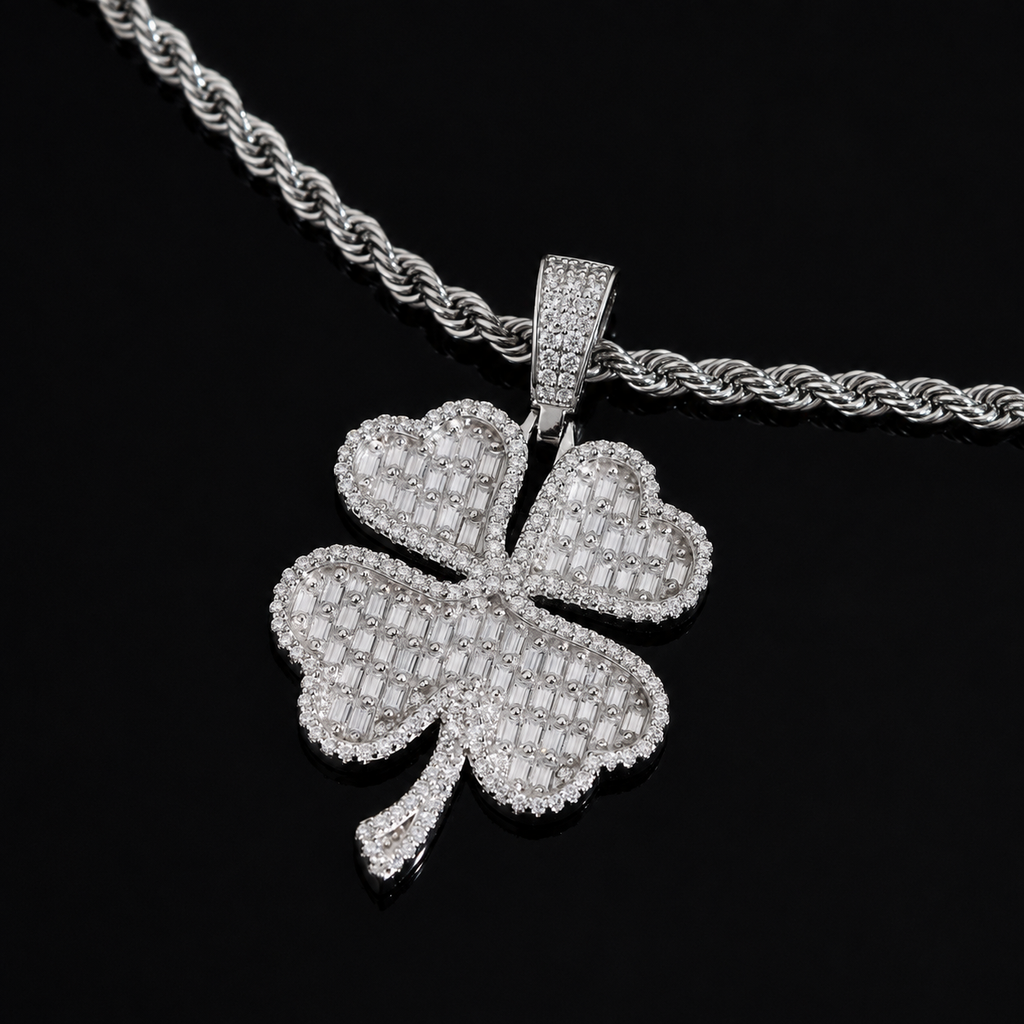 Clover Leaf Baguette Cut Moissanite Pendant 925 Sterling Silver