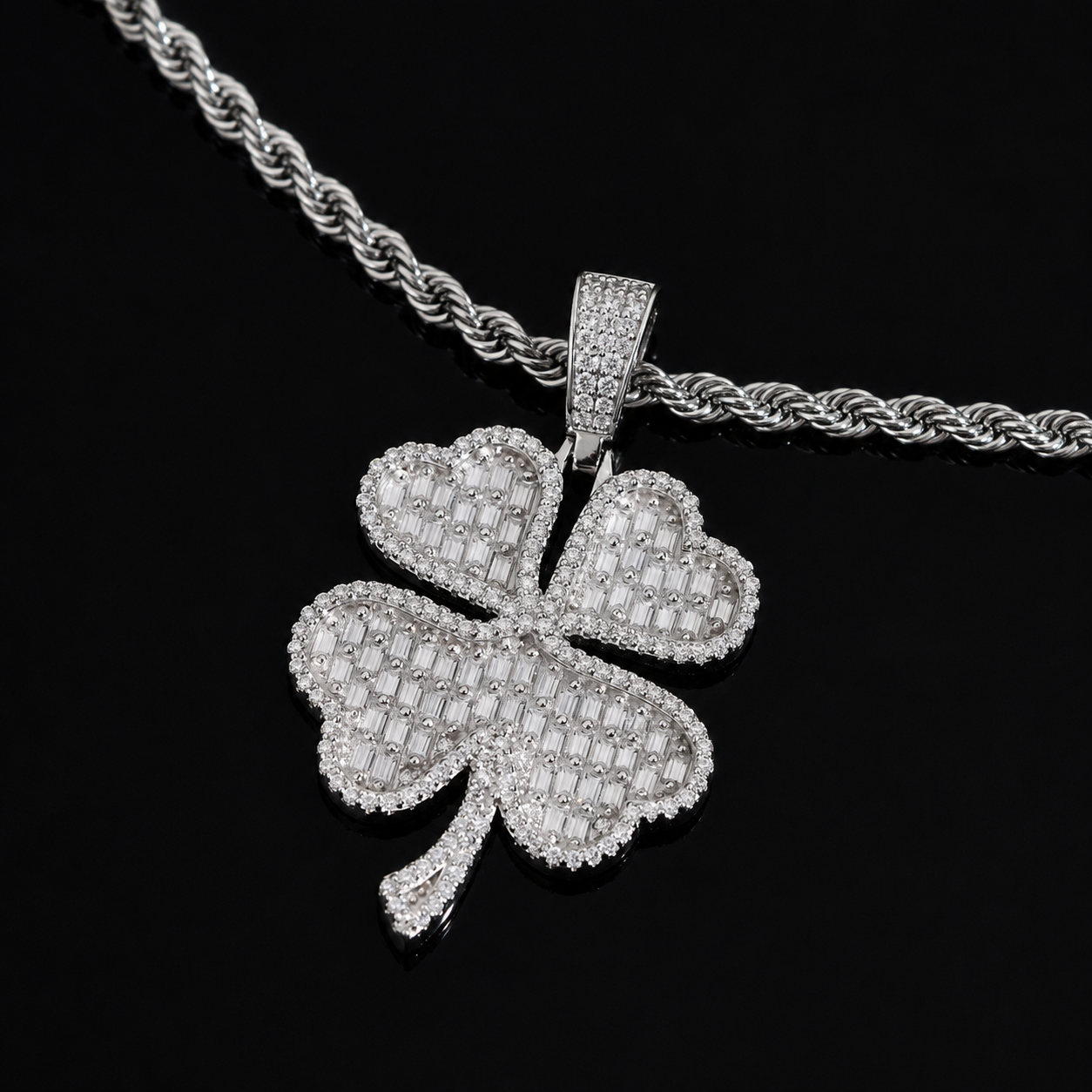 Clover Leaf Baguette Cut Moissanite Pendant 925 Sterling Silver