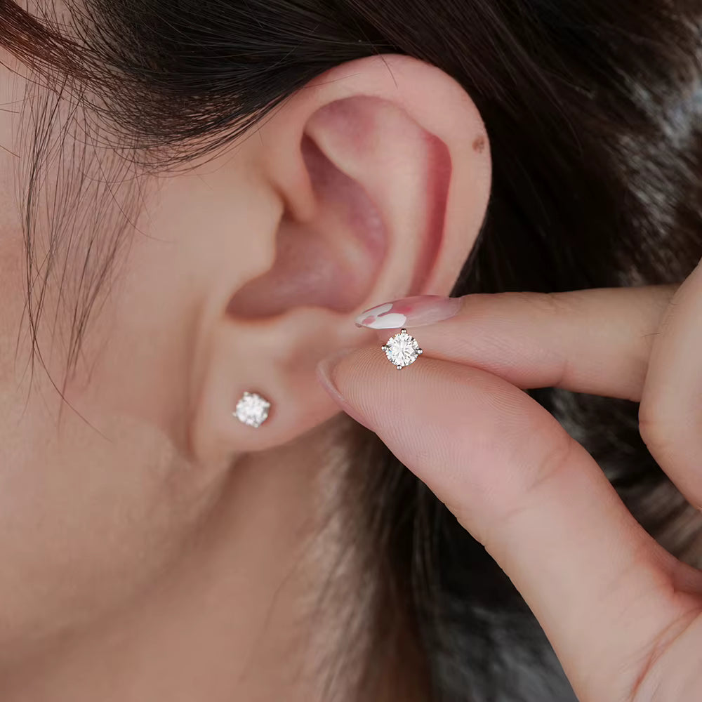 Round Cut Moissanite Screw Back Stud Earrings – 925 Sterling Silver