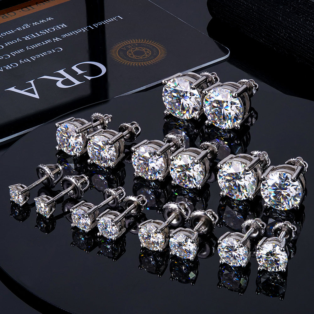 Round Cut Moissanite Screw Back Stud Earrings – 925 Sterling Silver