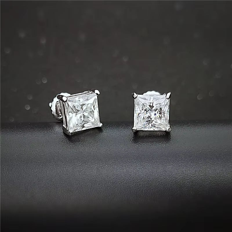 Princess Cut Moissanite Screw Back Stud Earrings – 925 Sterling Silver