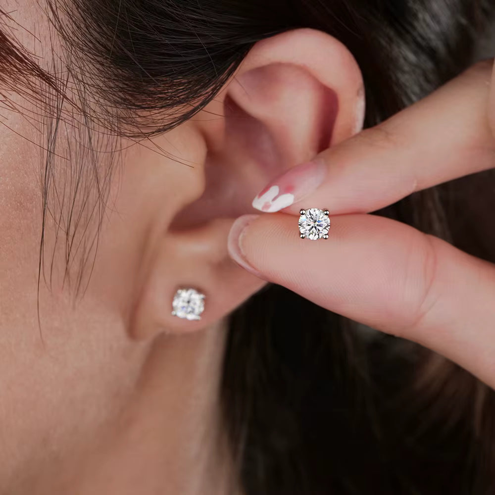 Round Cut Moissanite Screw Back Stud Earrings – 925 Sterling Silver