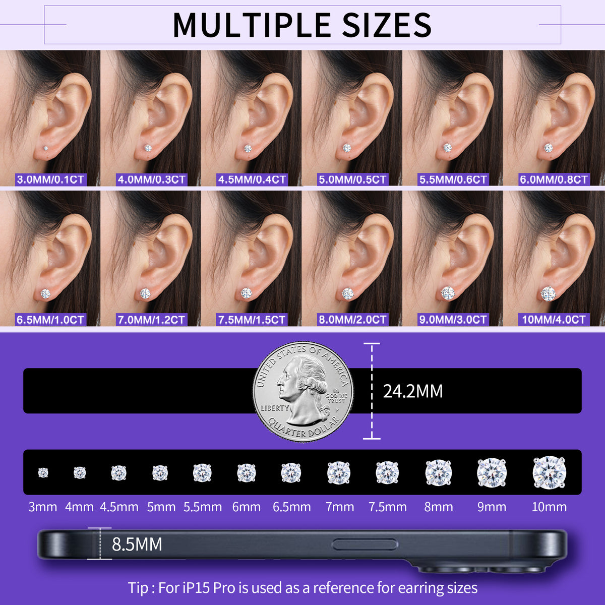 Round Cut Moissanite Screw Back Stud Earrings – 925 Sterling Silver