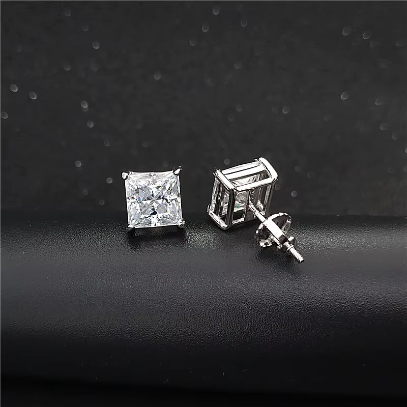 Princess Cut Moissanite Screw Back Stud Earrings – 925 Sterling Silver