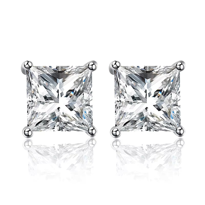 Princess Cut Moissanite Screw Back Stud Earrings – 925 Sterling Silver