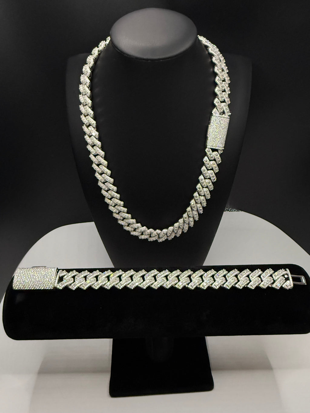 16MM Center Baguette Moissanite Cuban Link Chain & Bracelet Set – 925 Sterling Silver