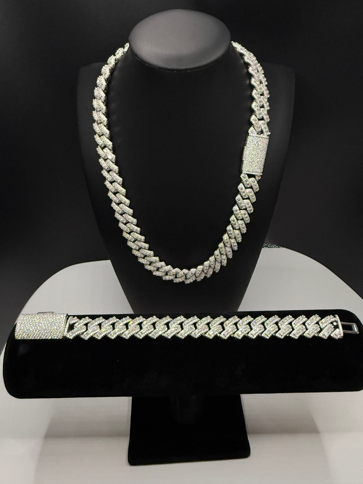 16MM Center Baguette Moissanite Cuban Link Chain & Bracelet Set – 925 Sterling Silver